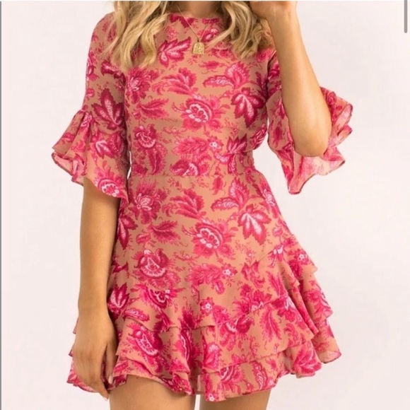 Sundae Muse Pink Floral Ruffle Bell Sleeve Mini Christy Dress Size US Sm… - Picture 2 of 11